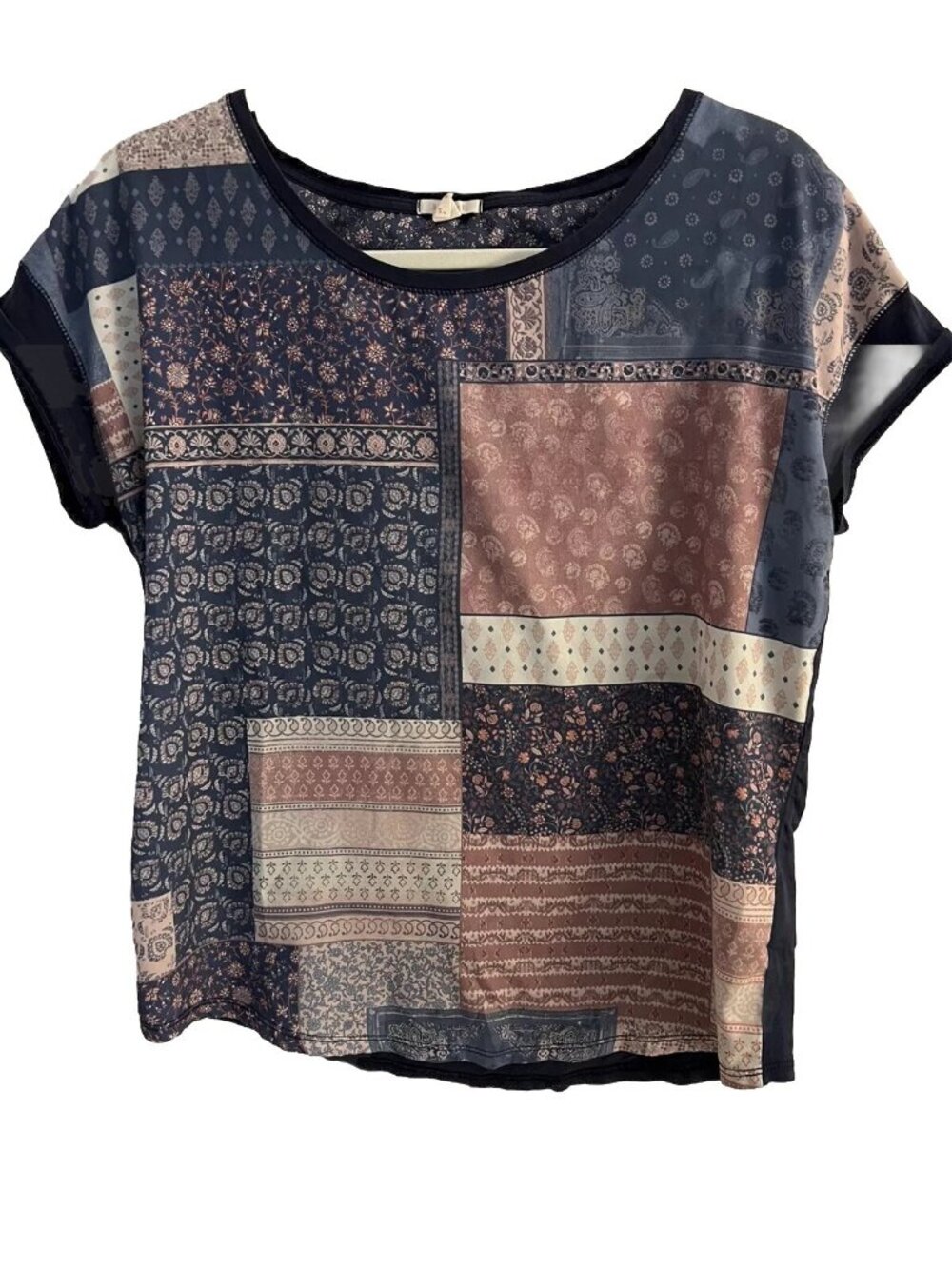 Vintage 90s Esprit patchwork tshirt blue pink paisley sz S retro preppy